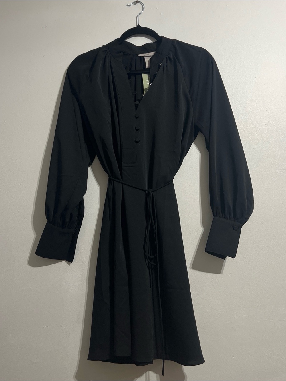 H&M Black Long-Sleeve Button Front Tie-Waist Dress